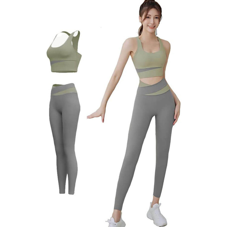 FLYSHION 運動內衣組_綠灰2件裝(運動內衣+瑜伽褲)