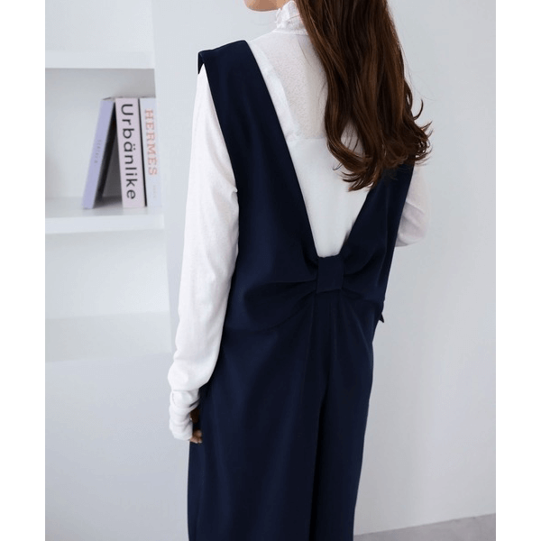 後背結帶設計柔滑吊帶褲_海軍藍