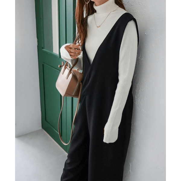 後背結帶設計柔滑吊帶褲_黑