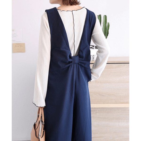 後背結帶設計柔滑吊帶褲_海軍藍