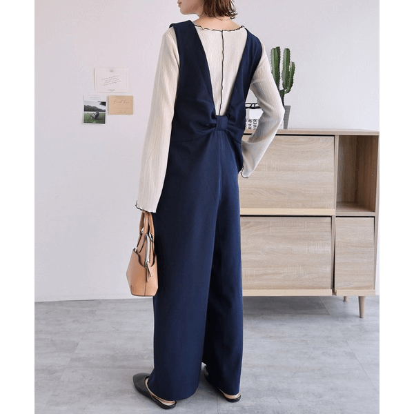 後背結帶設計柔滑吊帶褲_海軍藍