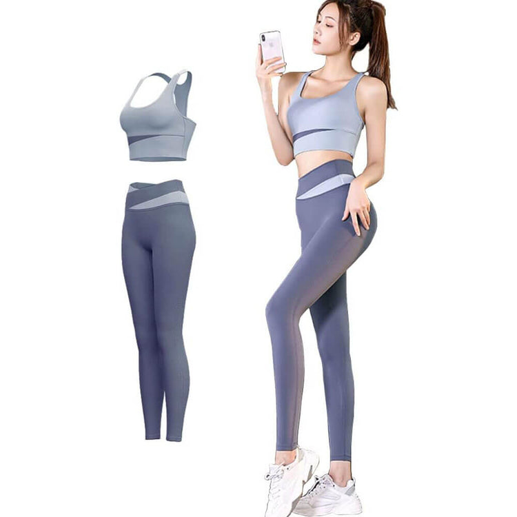 FLYSHION 運動內衣組_藍灰2件套(運動內衣+瑜伽褲)