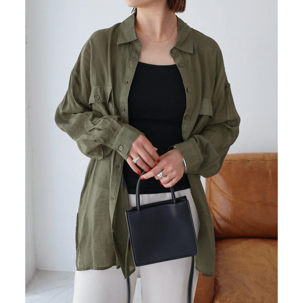 over size口袋透膚長袖襯衫_軍綠