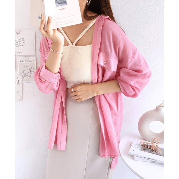 over size口袋透膚長袖襯衫_粉紅