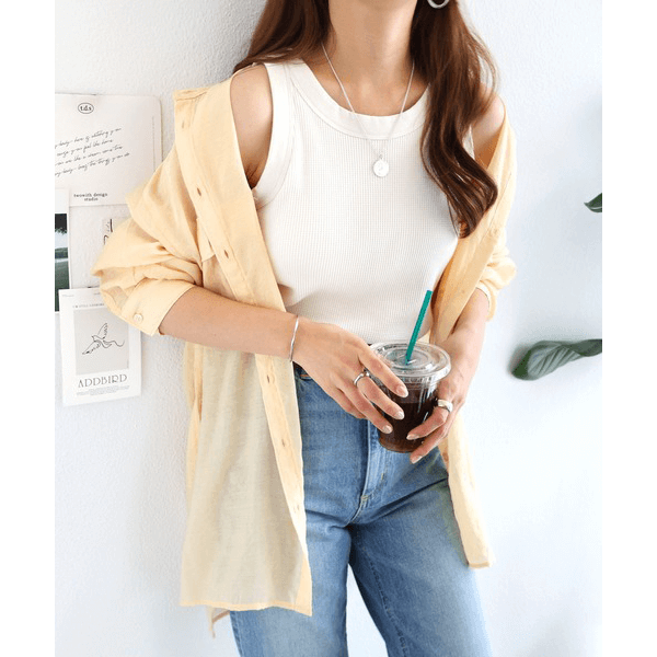 over size口袋透膚長袖襯衫_黃