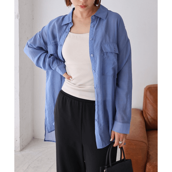 over size口袋透膚長袖襯衫_藍色