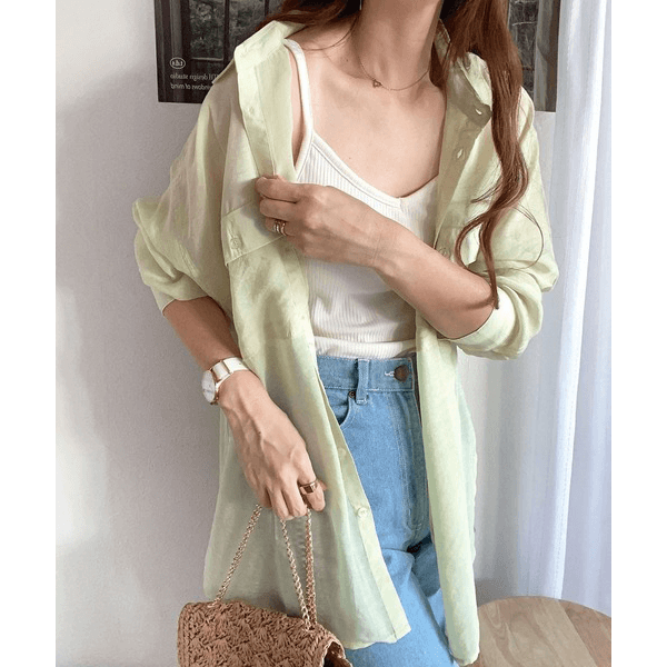 over size口袋透膚長袖襯衫_淺綠