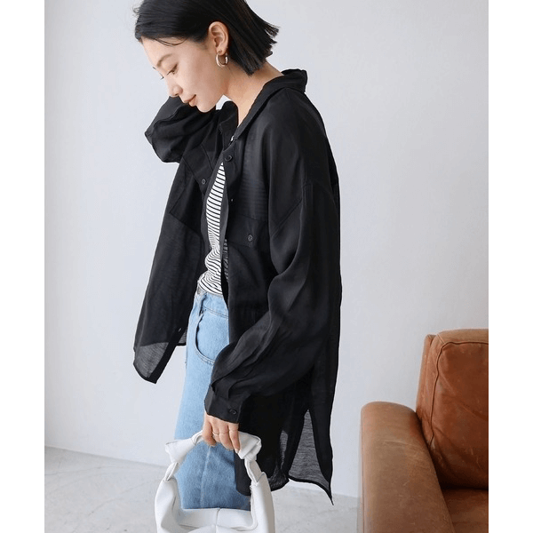 over size口袋透膚長袖襯衫_黑