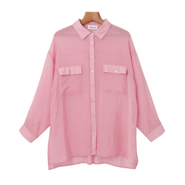 over size口袋透膚長袖襯衫_粉紅