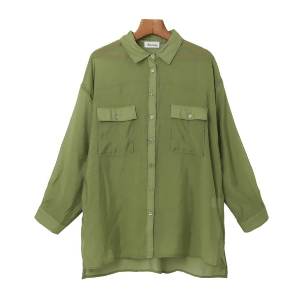 over size口袋透膚長袖襯衫_綠