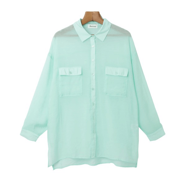 over size口袋透膚長袖襯衫_薄荷
