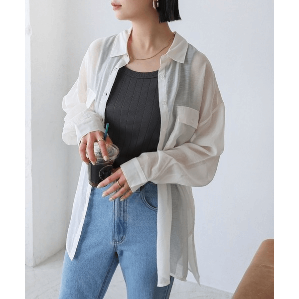 over size口袋透膚長袖襯衫_象牙