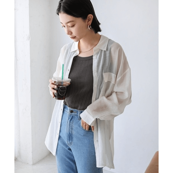 over size口袋透膚長袖襯衫_象牙
