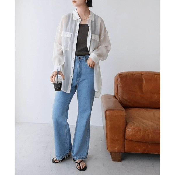 over size口袋透膚長袖襯衫_象牙