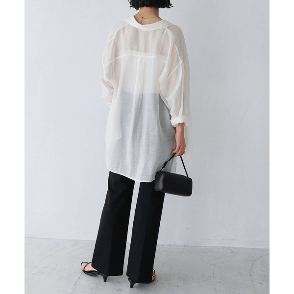 over size口袋透膚長袖襯衫_象牙