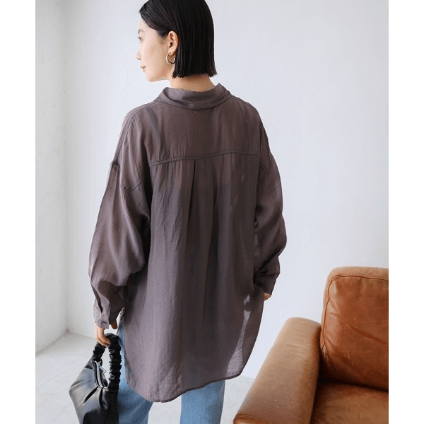 over size口袋透膚長袖襯衫_灰