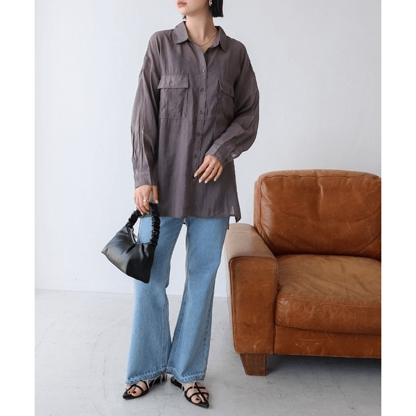 over size口袋透膚長袖襯衫_灰