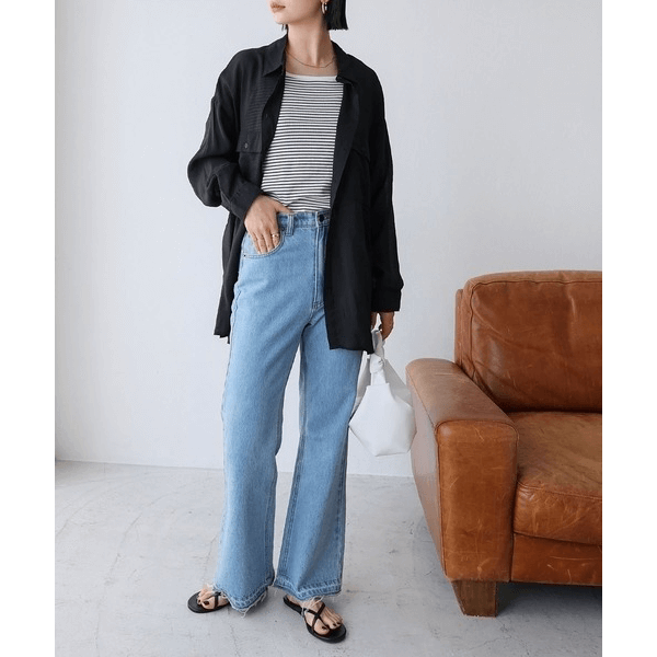 over size口袋透膚長袖襯衫_黑