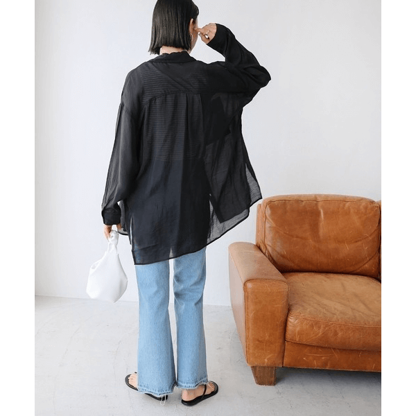 over size口袋透膚長袖襯衫_黑