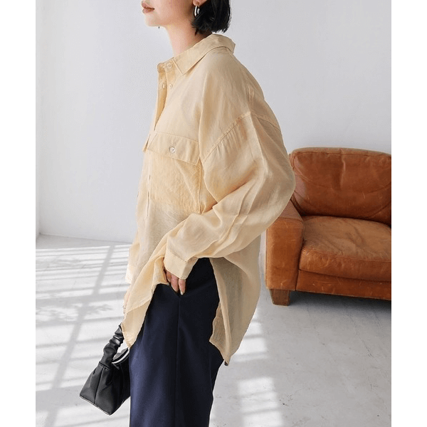 over size口袋透膚長袖襯衫_黃