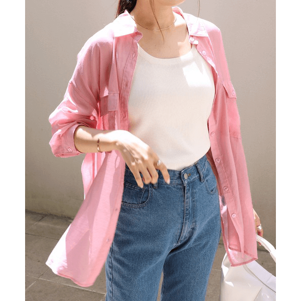 over size口袋透膚長袖襯衫_粉紅