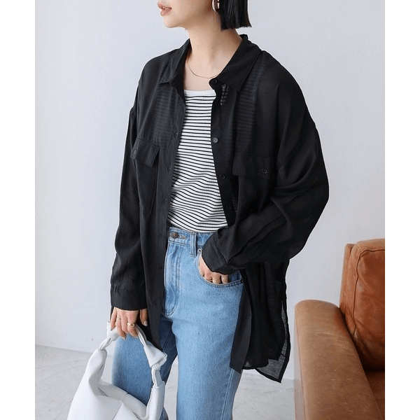 over size口袋透膚長袖襯衫_黑