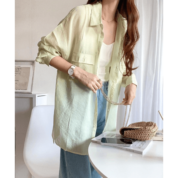 over size口袋透膚長袖襯衫_淺綠