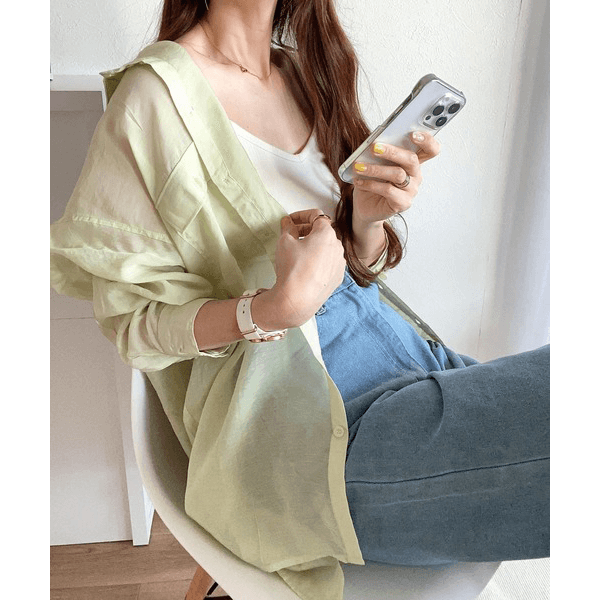 over size口袋透膚長袖襯衫_淺綠