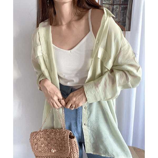 over size口袋透膚長袖襯衫_淺綠