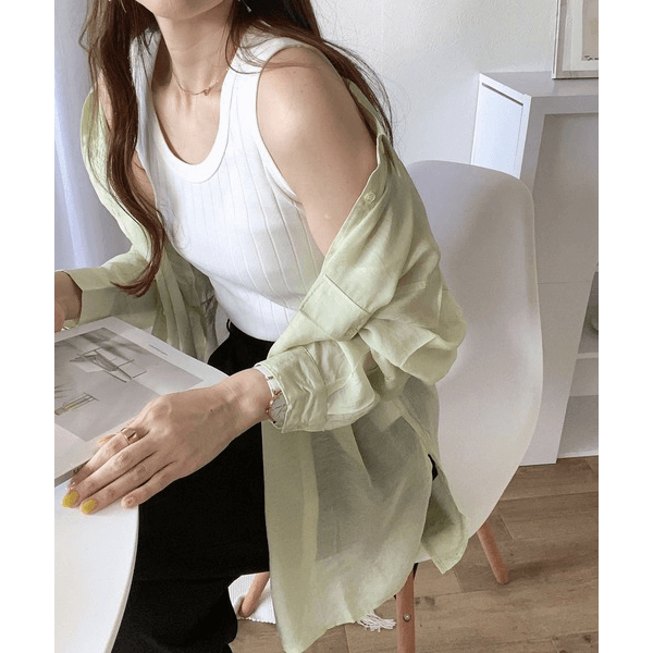 over size口袋透膚長袖襯衫_淺綠