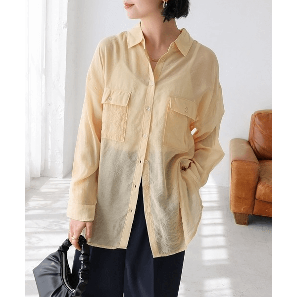 over size口袋透膚長袖襯衫_黃