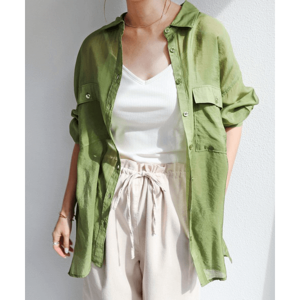 over size口袋透膚長袖襯衫_綠