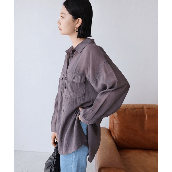 over size口袋透膚長袖襯衫_灰