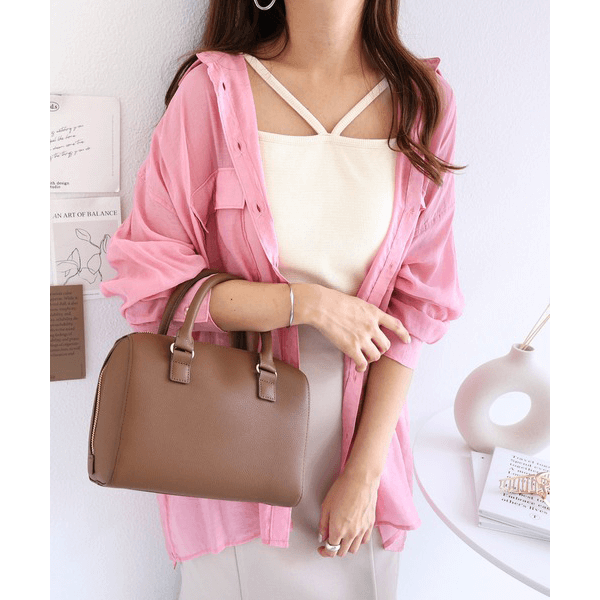 over size口袋透膚長袖襯衫_粉紅