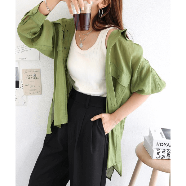 over size口袋透膚長袖襯衫_綠