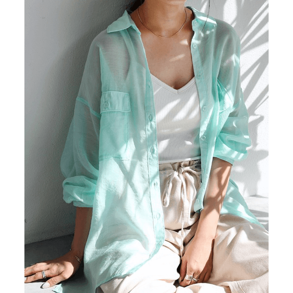 over size口袋透膚長袖襯衫_薄荷