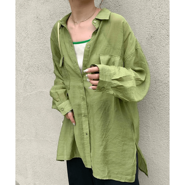 over size口袋透膚長袖襯衫_綠