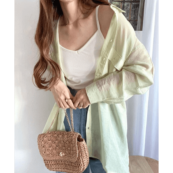 over size口袋透膚長袖襯衫_淺綠