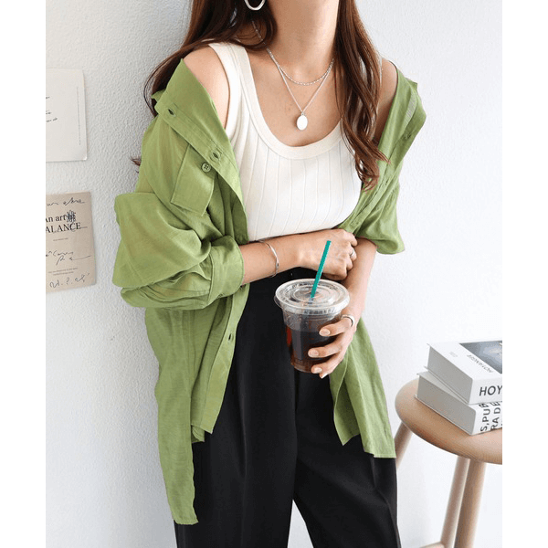 over size口袋透膚長袖襯衫_綠