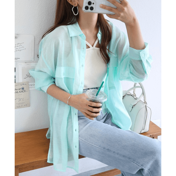 over size口袋透膚長袖襯衫_薄荷