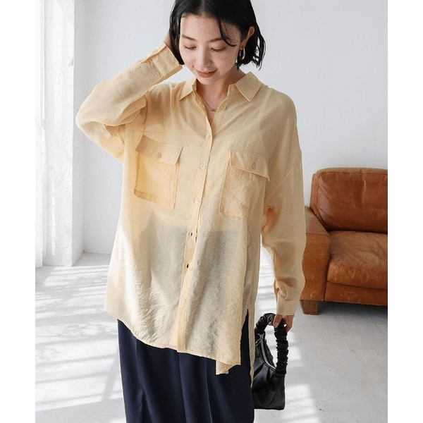 over size口袋透膚長袖襯衫_黃