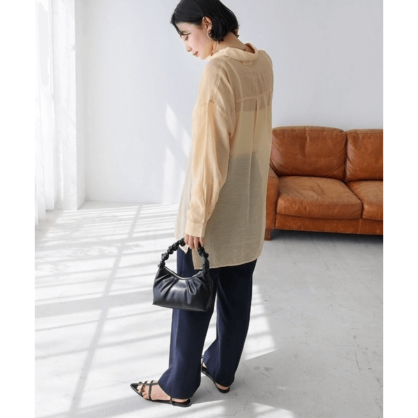 over size口袋透膚長袖襯衫_黃