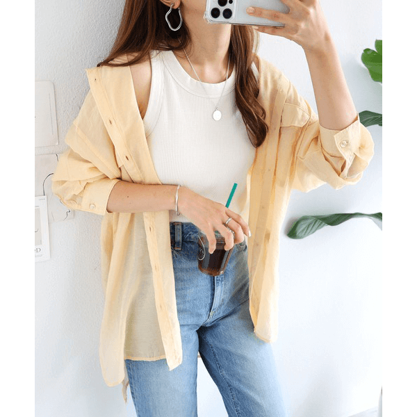 over size口袋透膚長袖襯衫_黃