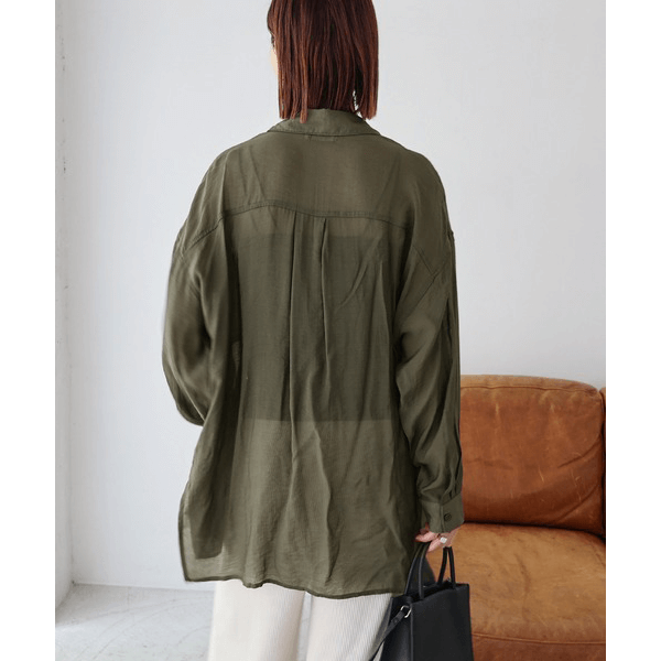 over size口袋透膚長袖襯衫_軍綠