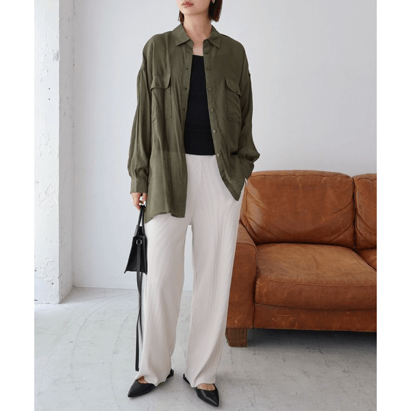 over size口袋透膚長袖襯衫_軍綠