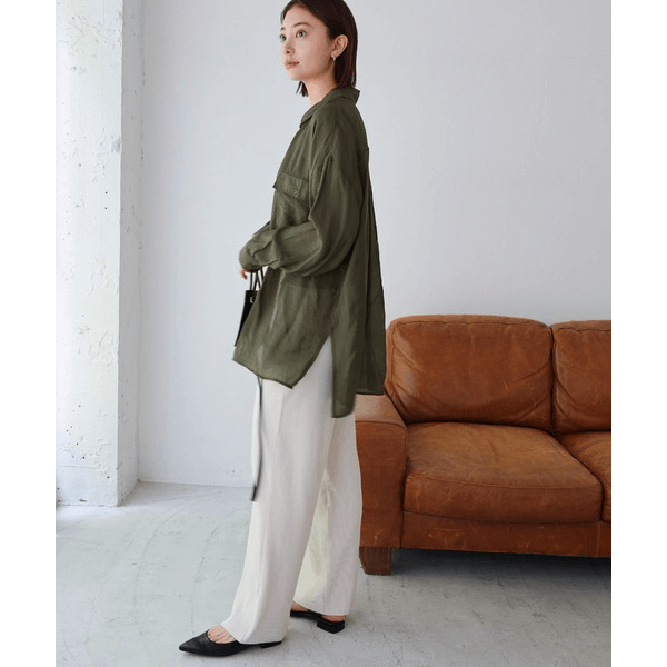 over size口袋透膚長袖襯衫_軍綠