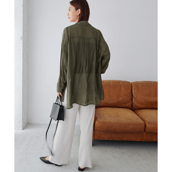 over size口袋透膚長袖襯衫_軍綠