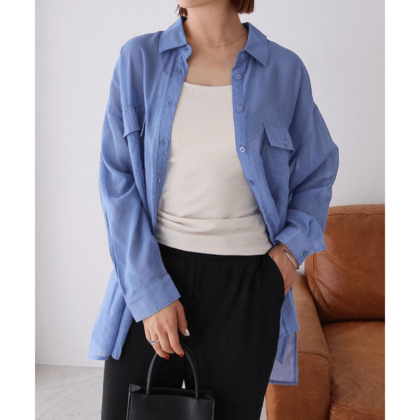 over size口袋透膚長袖襯衫_藍色