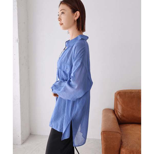 over size口袋透膚長袖襯衫_藍色