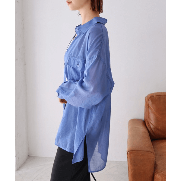 over size口袋透膚長袖襯衫_藍色